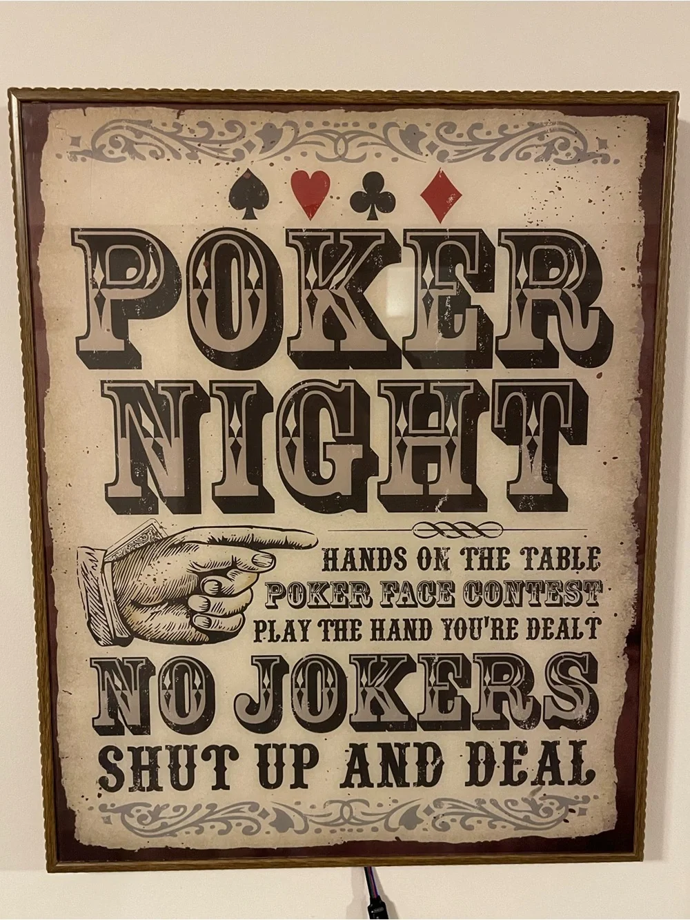 Poker Night LED Wall Sign - Vintage Style Black & Cream. Perfect for a Man Cave.